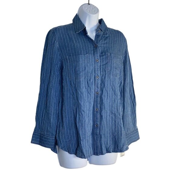 Caslon Women’s Navy-Ivory Chambray Button Up‎ Shirt Long Sleeve SZ XS - Picture 2 of 7